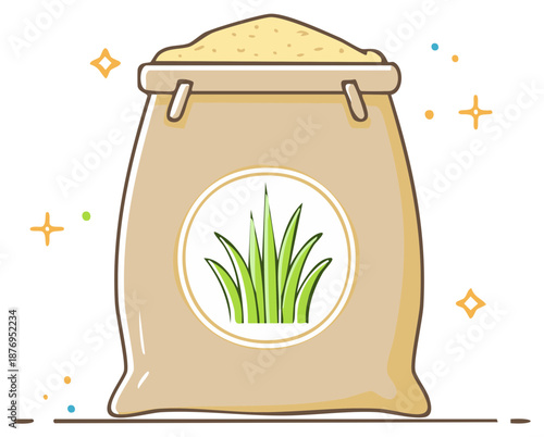Cartoon full tan sack with a grass emblem. Bag of soil or lawn seed for gardening. Agriculture and farming illustration.