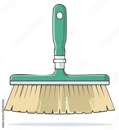 Cartoon style broom illustration with long handle and bristles for cleaning.
