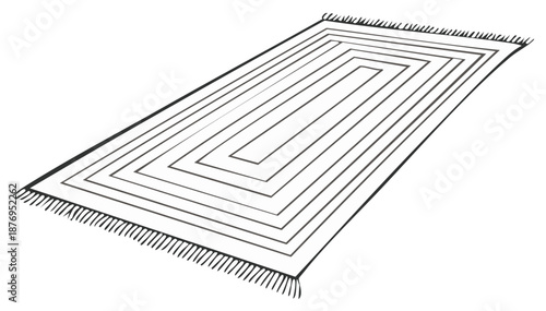Rectangular floor rug with modern concentric geometric lines and decorative fringe