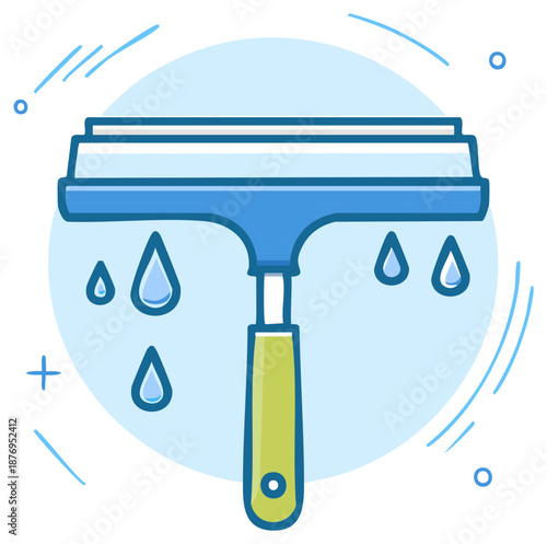 Vibrant blue squeegee with green handle and clear water drops for effective window cleaning service illustration