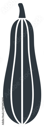 Stylized elongated dark gray gourd with vertical white stripes and stem element