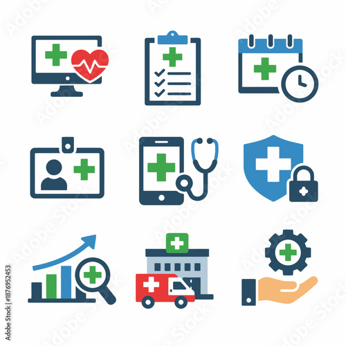 Healthcare technology icons: medical app, stethoscope, hospital, shield, ambulance, calendar