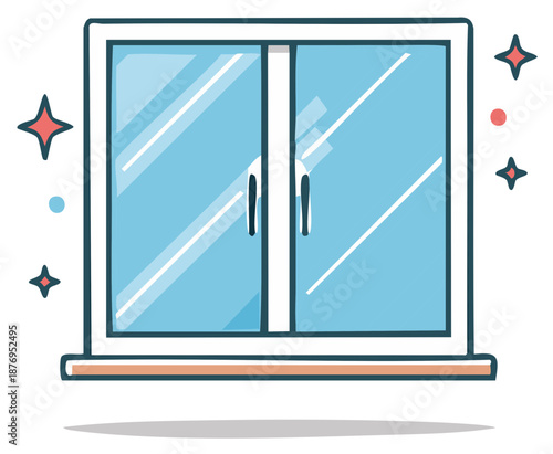 Sparkling clean house window with a shiny glass pane cartoon doodle illustration