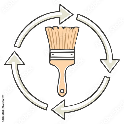 Hand drawn icon of a paintbrush in a circular arrow symbol for recycling and home improvement
