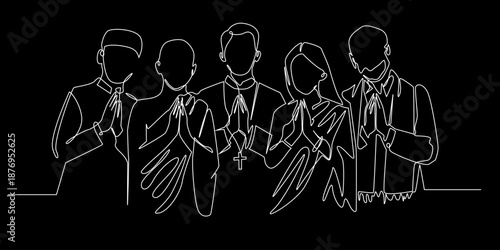 Hand drawn continuous line illustration of diverse people expressing unity across different beliefs. Single line artwork created for peace, tolerance, social harmony, and human connection concepts.