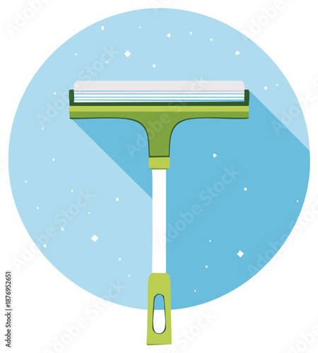 Squeegee cleaning tool for window cleaning, with white wiper on green handle in flat vector icon design and abstract snow background