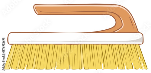 Cartoon scrubbing brush with handle for cleaning. Vector illustration of cleaning tool.