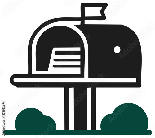 Black Mailbox with a Raised Flag and Letters in a Yard, Vector Illustration