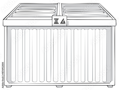 Monochrome drawing of a refrigeration display case with sliding clear lids and textured front panel