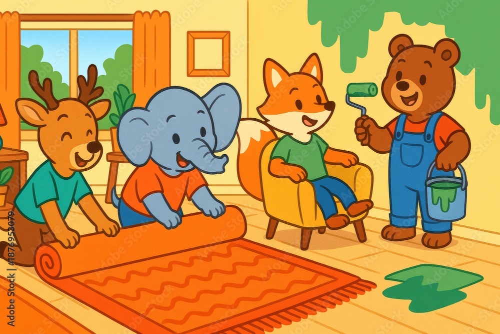 Obraz premium Cute Animal Friends Collaborate on a Fun Home Makeover Project