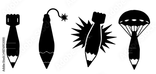 Series of pencil icons transforming into bombs, symbolizing the power of creativity and the rejection of violence, with added visual elements such as explosions and parachutes.