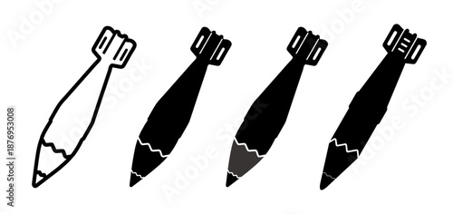 Set of pencil icons transforming into bombs, symbolizing the juxtaposition of creativity and violence, flat vector illustration in different color variations isolated on white background.