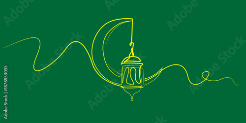 Line art drawing of crescent moon and ramadan lantern.Islamic religious tradition.Ramadan theme vector illustration,Islamic.