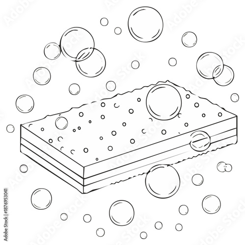 Black and white line drawing of a porous cleaning sponge surrounded by floating soap bubbles