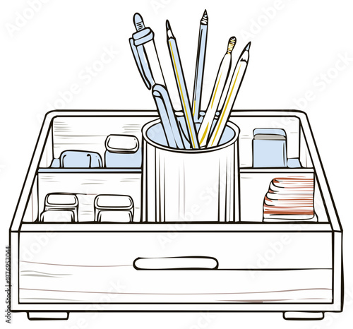 Wooden desk organizer caddy with drawer filled with pens pencils and stationery supplies illustration