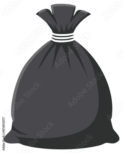 Vector illustration of a full black plastic garbage bag tied shut for waste disposal and collection