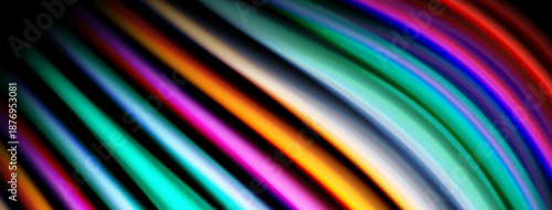 Abstract colorful lines curve, creating dynamic visual effect. Bright hues blend into darkness. Modern design element.
