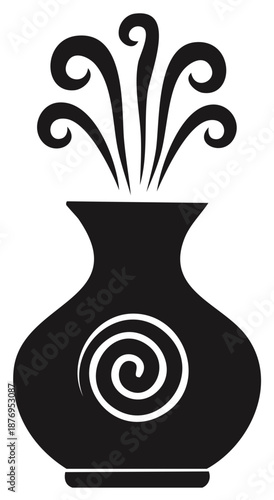 Black silhouette of a Grecian urn with swirling water design and spray