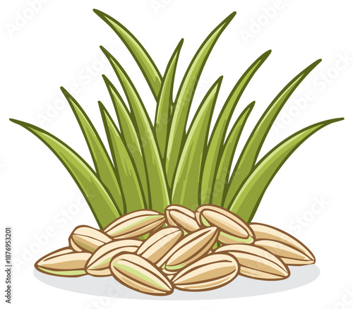 Pile of sunflower seeds with green grass blades sprouts a growing plant