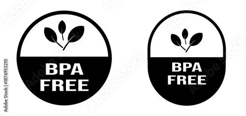 BPA-free label with minimalist design, featuring a leaf symbol inside a circular emblem, emphasizing environmentally-friendly and safe products.