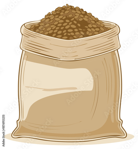 Sack Filled with Brown Beans, Seeds, or Grains Harvested in Bulk, Illustration