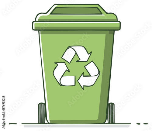 Illustrated Green Recycling Bin with Recycle Symbol Waste Management Environment Sustainability Icon Symbol Ecology Conservation Wheelie Bin Container