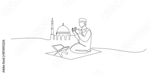 Hand drawn continuous line illustration of a Muslim man praying with mosque background. Single line artwork created for Ramadan spirituality, worship, and Islamic faith concepts
