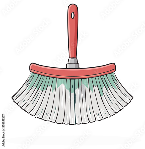 Cartoon Household Broom with Red Handle and Green Bristles for Cleaning Home