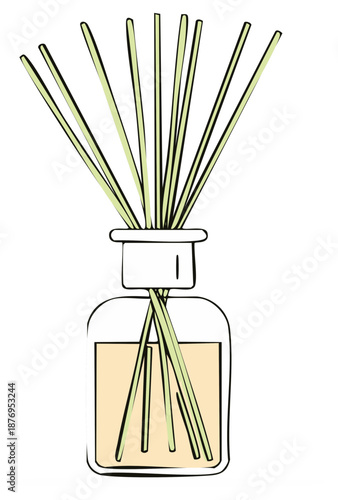 A simple hand drawn sketch illustration of a reed diffuser with essential oil for home fragrance and aromatherapy
