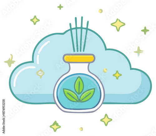 Whimsical aromatherapy diffuser with natural leaves in a sparkling cloud environment