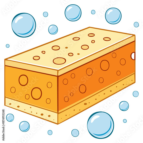 Cartoon Yellow and Orange Cleaning Sponge with Floating Blue Bubbles