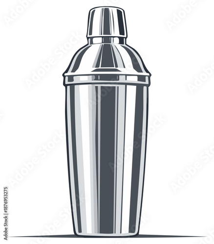 Sleek professional silver metal cocktail shaker illustration for bar beverage and mixology concepts