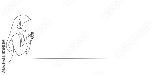 Hand drawn continuous line illustration of a Muslim woman praying with raised hands. Single line artwork created for Ramadan devotion, Islamic faith, and spiritual worship concepts.