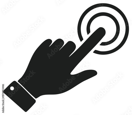 Pointing finger taps a target. Black hand in formal suit touching an icon. Concept of selection, choosing, targeting or activation.