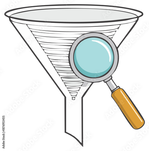 Magnifying glass hovering over a funnel symbolizing detailed search and information filtering