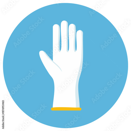 White protective glove icon on blue circle background with shadow