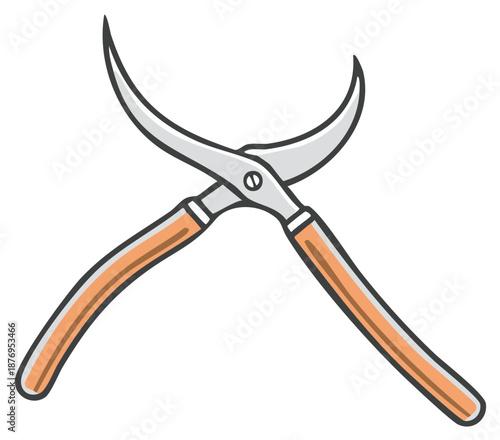 Cartoon style pruning shears illustration with curved blades and wooden handles for gardening and plant care.