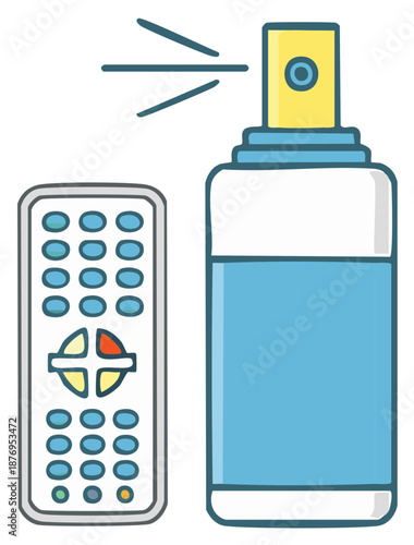 Handheld remote control and aerosol spray can illustration for cleaning and disinfecting electronics