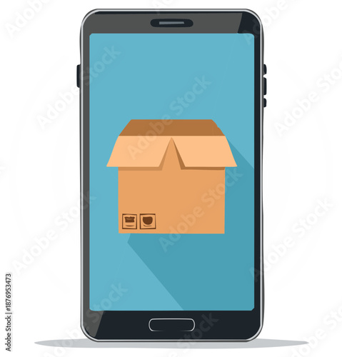 Smartphone with Shipping Box Icon for Online Ordering and Delivery Service App