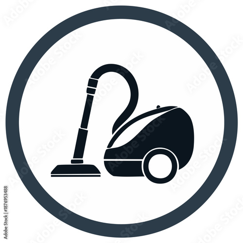 Vacuum cleaner icon in a circle, black and white graphic design for cleaning.