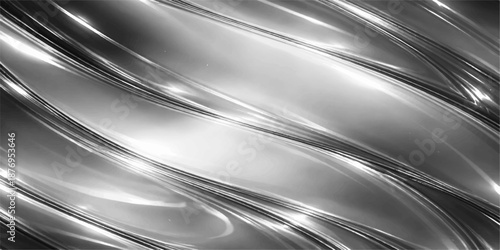 Smooth brushed silver metal texture with an abstract metallic wave pattern and shiny chrome lines on a dark grey steel backdrop