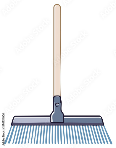 Cartoon illustration of push broom with blue bristles and wood handle for cleaning floor surfaces