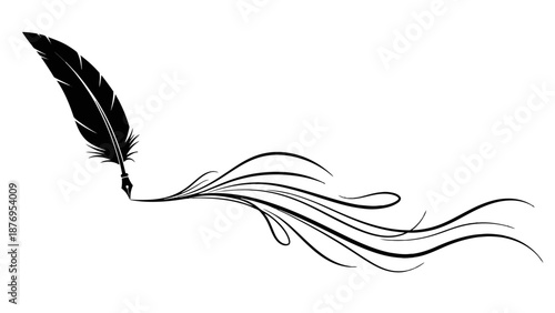Black feather with flowing lines on white background.