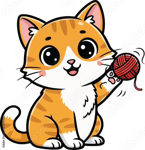 An adorable orange tabby kitten joyfully plays with a vibrant red ball of yarn