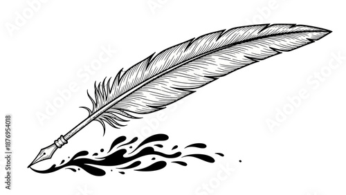 Vintage Quill Pen Illustration with Ink Splash.