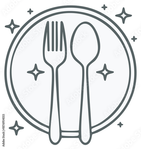 Clean Fork Spoon and Plate Icon with Sparkle Stars for Kitchen and Dining