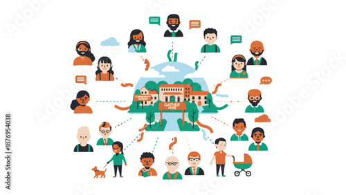 Diverse community connected to a central building with green surroundings.