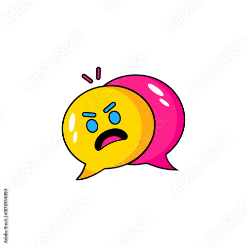 Angry speech bubbles with shouting face emoji. Flat vector illustration for online conflict, cyberbullying, customer complaints, and negative social media feedback.