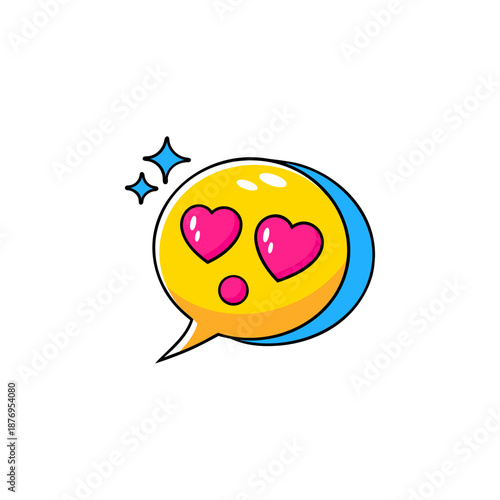 Speech bubble with heart eyes emoji face. Flat vector illustration for social media adoration, romantic chat, positive feedback, and fan engagement.