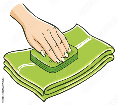 Hand Cleaning Green Fabric With Sponge For Home Hygiene